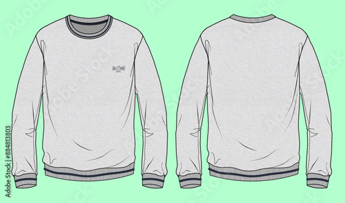 mens grey marl terry fleeces long sleeve sweatshirt fashion illustration flat sketch vector. 