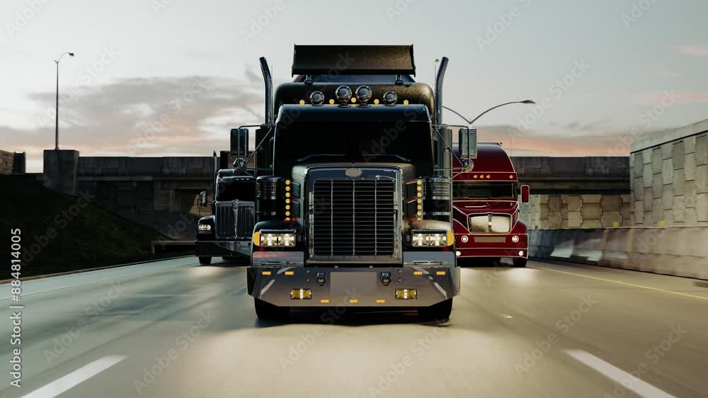 American style truck on freeway pulling load. Transportation theme. 4k 3D illustration American style truck on freeway pulling load. Transportation theme. 4k 3D illustration