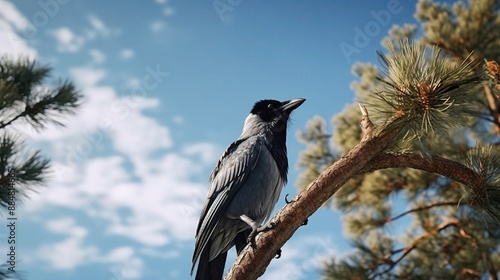 Hooded crow sits on a pine tree opposite a dramatic blue sky. Bird pine tree and sky. Beautiful colorfull image of a Hooded crow in the wild nature. . photo