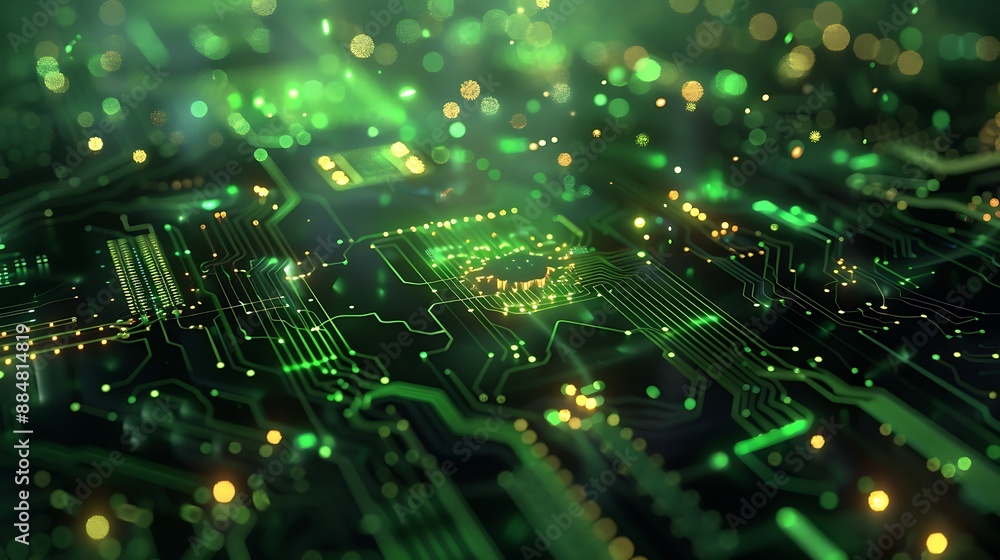Abstract Circuit Board with Glowing Green and Gold Lights. AI generated Abstract Circuit Board with Glowing Green and Gold Lights. AI generated
