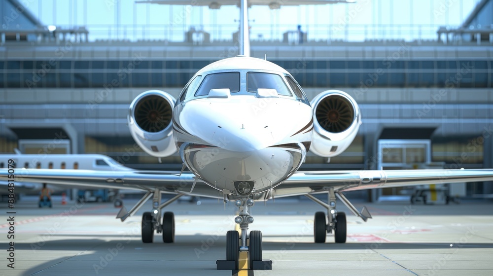 Business private jet airplane parked at terminal, luxury tourism and business travel transportation concept. Closeup, 3D rendering. Business private jet airplane parked at terminal, luxury tourism and business travel transportation concept. Closeup, 3D rendering.