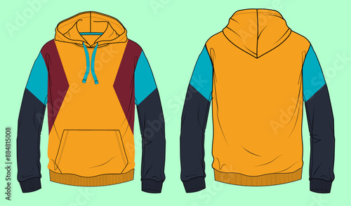 mens color block terry fleeces long sleeve hoodie fashion illustration flat sketch vector