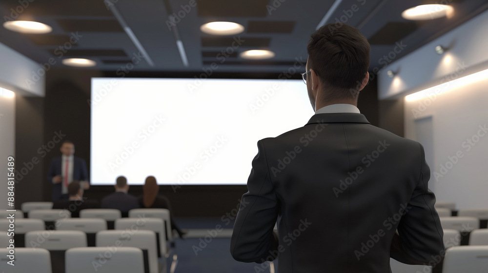 Salesperson Pitching salesperson giving a product demonstration or sales pitch to potential clients in a conference room or trade show boot Salesperson Pitching salesperson giving a product demonstration or sales pitch to potential clients in a conference room or trade show boot