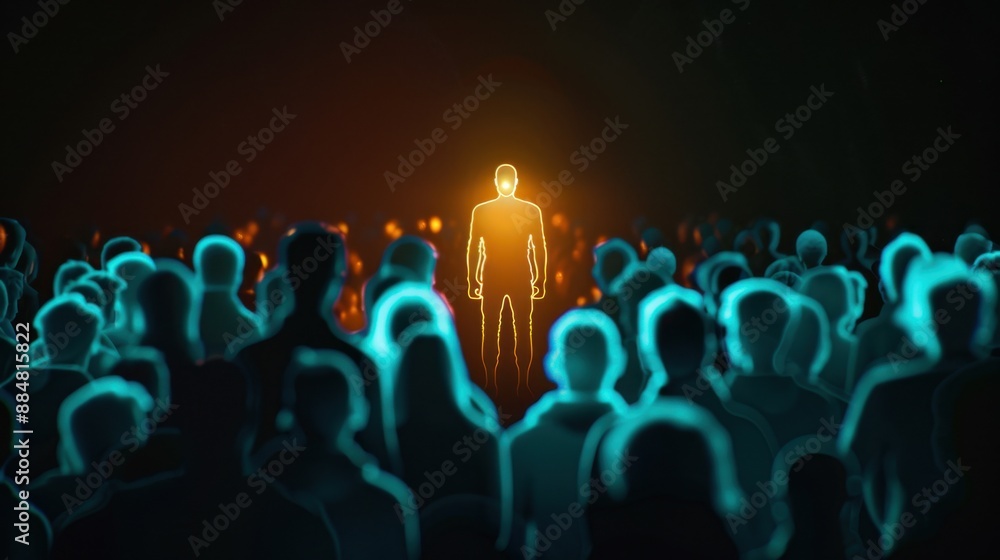 One glowing man standing out among a group of people in darkness, representing standout concepts. One glowing man standing out among a group of people in darkness, representing standout concepts.