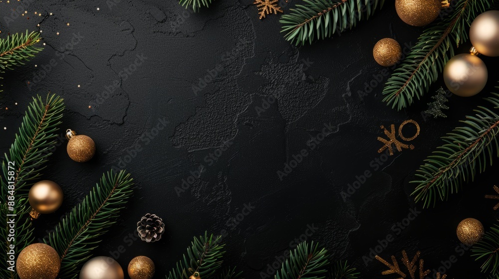 Christmas decorations with black and green Christmas balls Pine branches on a dark background Christmas decorations with black and green Christmas balls Pine branches on a dark background