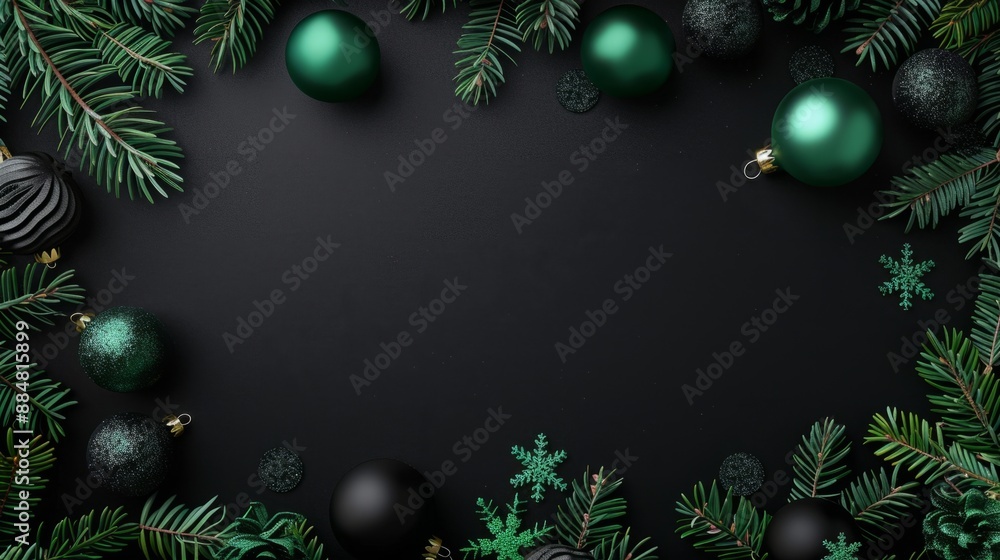 Christmas decorations with black and green Christmas balls Pine branches on a dark background Christmas decorations with black and green Christmas balls Pine branches on a dark background