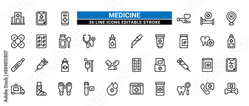 36 Medicine Line Icons Set Pack Editable Stroke Vector Illustration.