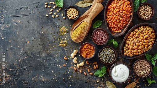 A large selection of spoons and bowls with various legumes on a wooden background. Blend of various legumes and lentils on a cloth backdrop.