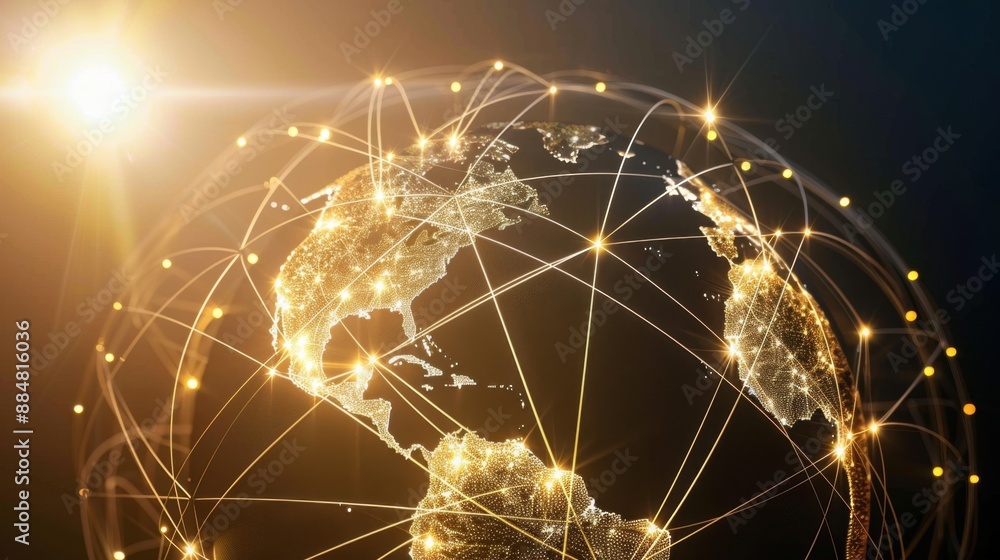 Obraz premium Global business concept with a glowing globe and interconnected lines representing communication networks.