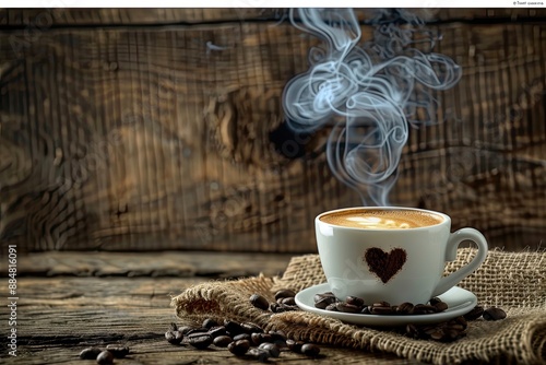 Coffee cup with heartshaped foam art on a wooden table photo