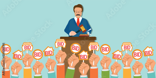 Auction process with man holding gavel behind stand.