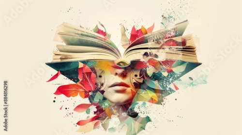 Illustration representing literature with open books and artistic elements, highlighting the beauty and richness of written words in a creative design.