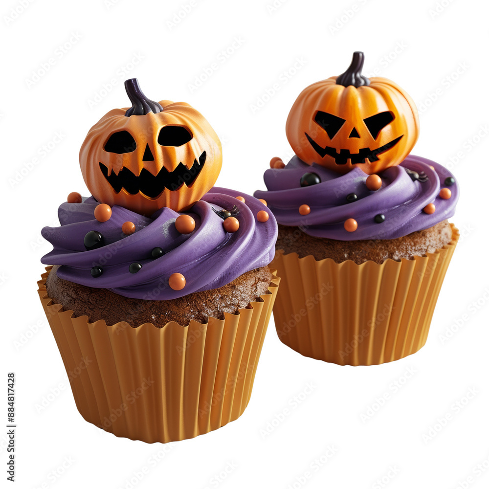 Two Halloween cupcakes with purple frosting and pumpkin toppers. cut out. png. transparent background. Two Halloween cupcakes with purple frosting and pumpkin toppers. cut out. png. transparent background.