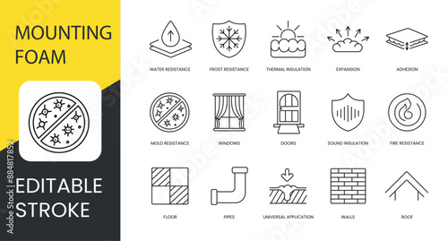 Polyurethane foam properties and places of application, vector line icon set with editable stroke, Adhesion and Water and Frost resistance, Doors and Sound insulation, Roof and Windows