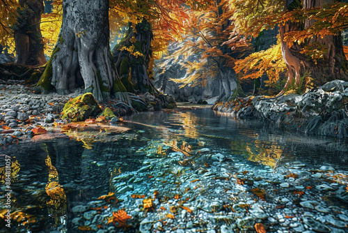 A crystal-clear stream meandering gracefully amidst towering ancient trees, reflecting the vibrant colors of the magical foliage. photo