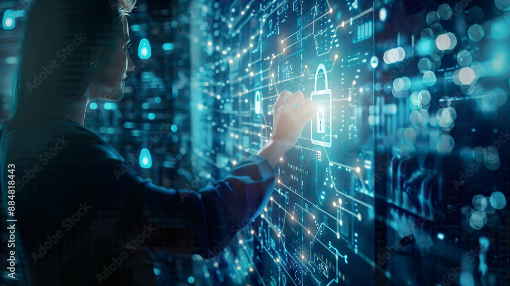Businessman protecting business and financial data with a padlock cyber security and data protection virtual network connection on a blue digital background Businessman protecting business and financial data with a padlock cyber security and data protection virtual network connection on a blue digital background