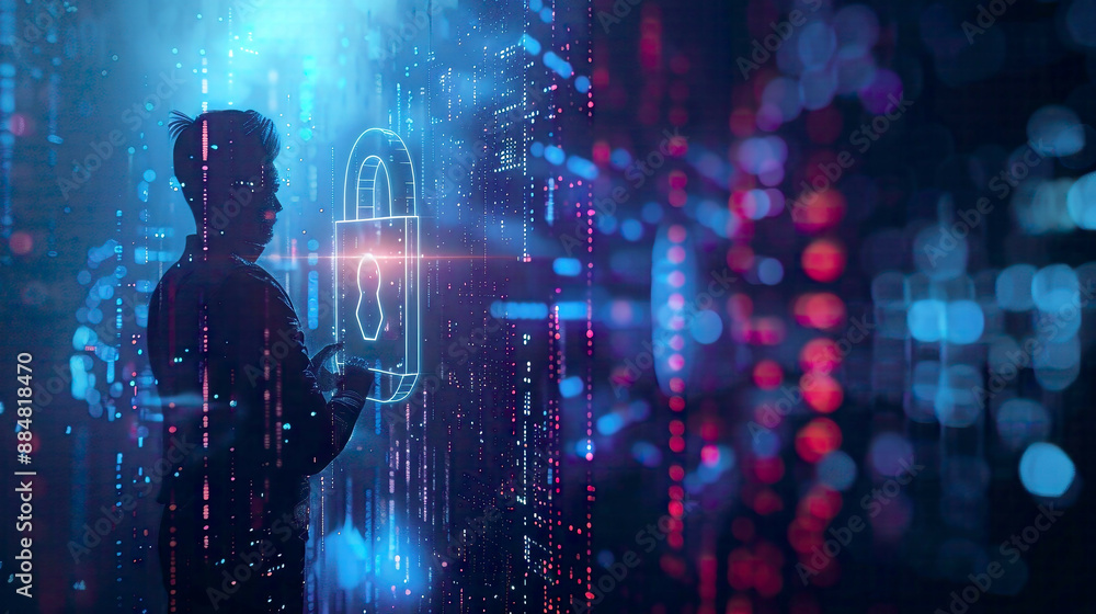 Businessman securing data with a digital padlock 3D rendered scenewith tech elements focus on cybersecurity Businessman securing data with a digital padlock 3D rendered scenewith tech elements focus on cybersecurity
