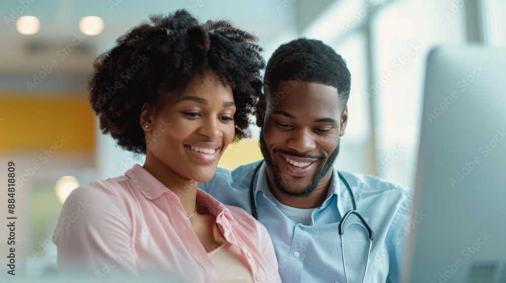 Couple in doctor's office viewing ultrasound image with reproductive health symbols, representing blend of science and parenting ideas, modern and supportive, front view with copy Couple in doctor's office viewing ultrasound image with reproductive health symbols, representing blend of science and parenting ideas, modern and supportive, front view with copy