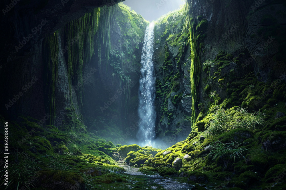 A hidden waterfall cascading down a moss-covered cliff, its waters imbued with the essence of rejuvenation found only in the depths of the mystical forest.
