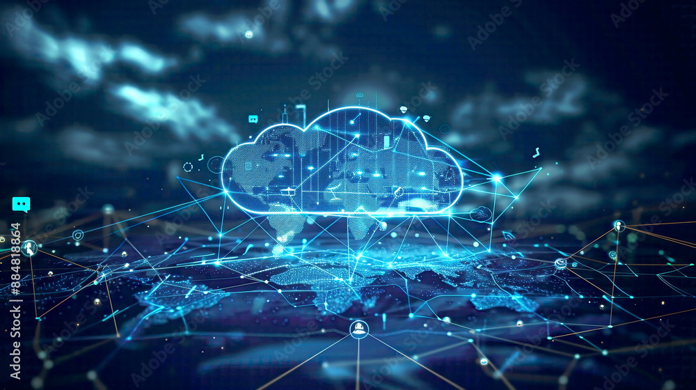 Central cloud icon representing data transfer and cloud computing with internal connections and small icons on an abstract polygonal world map dark blue tech background Central cloud icon representing data transfer and cloud computing with internal connections and small icons on an abstract polygonal world map dark blue tech background