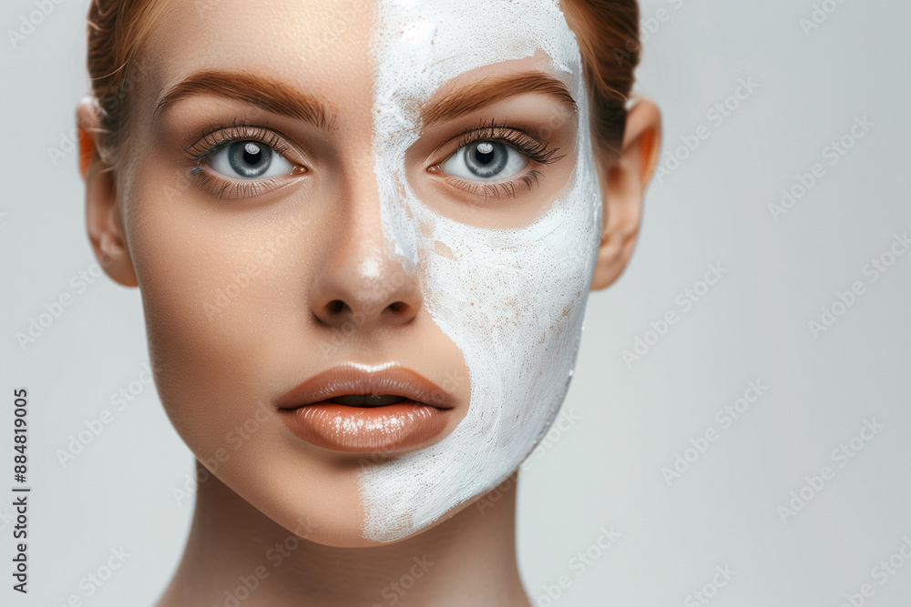 woman with a white face mask on. She has a blue eye and a brown eyebrow woman with a white face mask on. She has a blue eye and a brown eyebrow