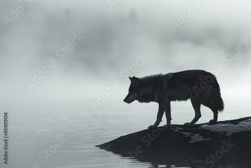 A lone wolf prowling along the edge of the mist-covered fjord, its silhouette hauntingly beautiful against the backdrop of the fog.