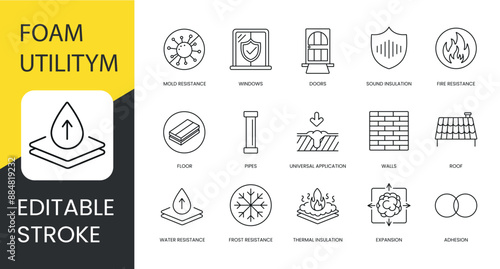 Polyurethane foam properties and places of application, vector line icon set with editable stroke, Adhesion and Water and Frost resistance, Doors and Sound insulation, Roof and Windows