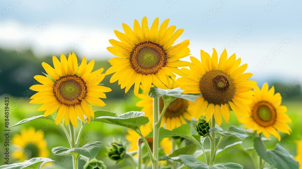 Bright yellow sunflowers in a lush green field under a partly cloudy sky, showcasing the beauty of nature and blooming flowers. Bright yellow sunflowers in a lush green field under a partly cloudy sky, showcasing the beauty of nature and blooming flowers.