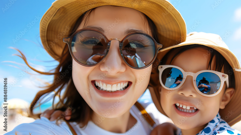 Happy young family, selfie time, exploring Fukuoka, Japan, bright and sunny Happy young family, selfie time, exploring Fukuoka, Japan, bright and sunny