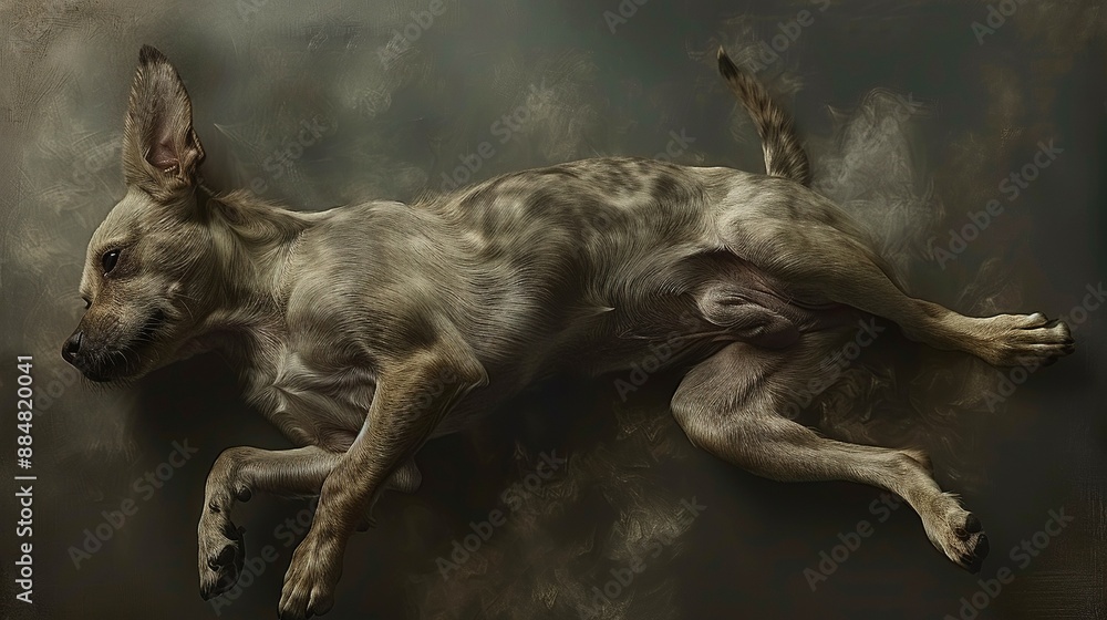 Fototapeta premium A dark painting depicts a dog lying on its back, emitting smoke from its rear