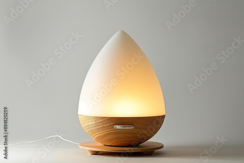 Tearshaped wooden aroma diffuser with warm light on white background photo