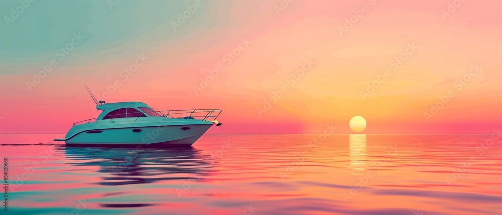 Modern boat with GPS navigation, evening ocean, vibrant sunset, detailed illustration, serene adventure Modern boat with GPS navigation, evening ocean, vibrant sunset, detailed illustration, serene adventure