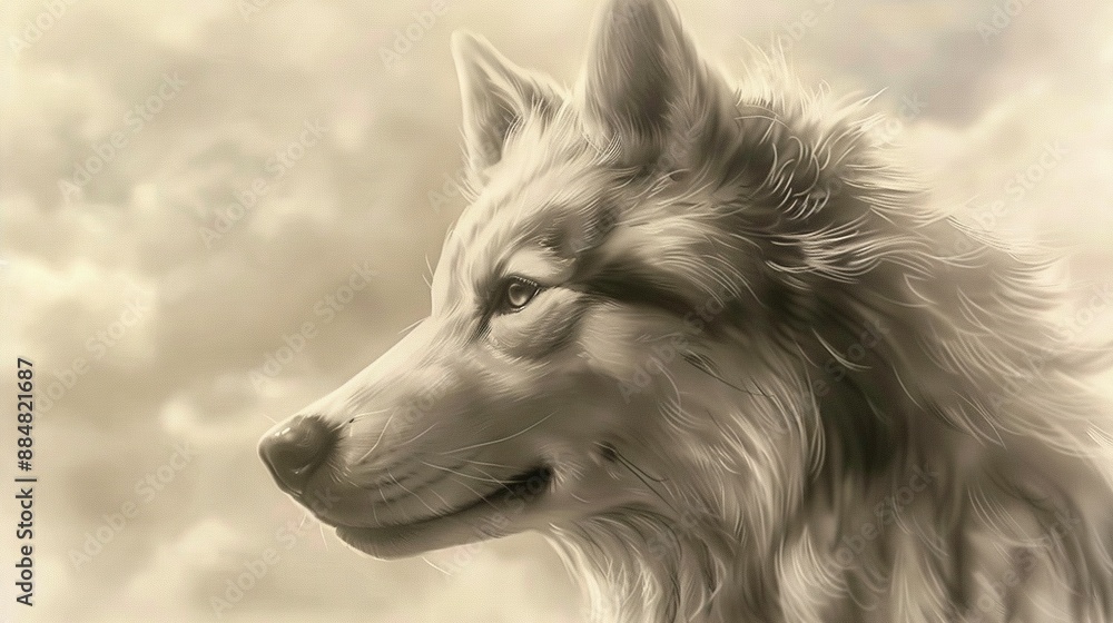 A zoomed-in image of a dog's face against a cloud-filled backdrop, with clouds also present in the foreground A zoomed-in image of a dog's face against a cloud-filled backdrop, with clouds also present in the foreground