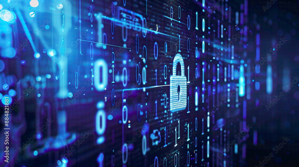 Data privacy protection and cybersecurity theme with lock icon detailed binary digits on a blue digital background secure and modern design Data privacy protection and cybersecurity theme with lock icon detailed binary digits on a blue digital background secure and modern design