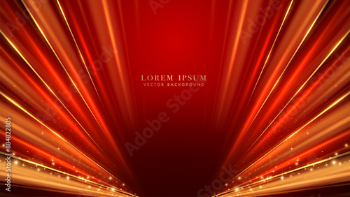 Abstract glowing light rays with golden line, shine dot effect and glitter light decoration on red background