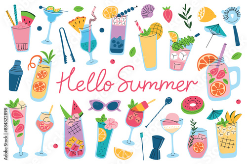 Vector illustration set of summer drinks and mocktails, colorful lemonades, juices, and refreshing alcohol beverages in glasses with fruits, berries, cocktail accessories, hello summer lettering