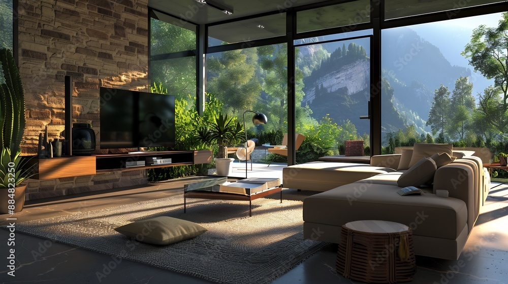 Fototapeta premium Family room with large windows, beautiful living room interior