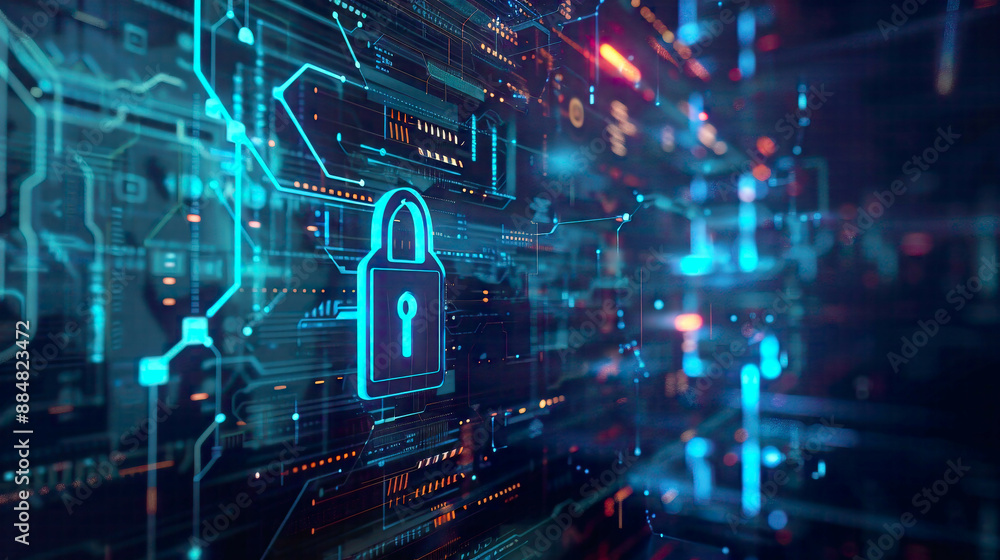 Digital security concept featuring a lock icon on a futuristic screen blue and black cyber theme detailed network and matrix effects Digital security concept featuring a lock icon on a futuristic screen blue and black cyber theme detailed network and matrix effects