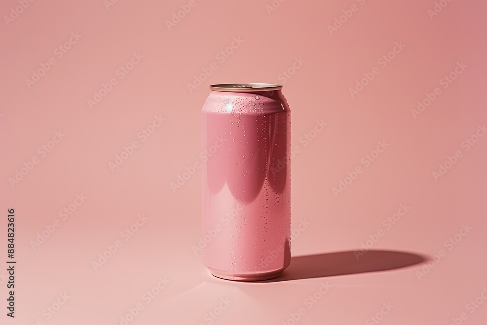 Pink aluminum can with water droplets on a pink background Pink aluminum can with water droplets on a pink background