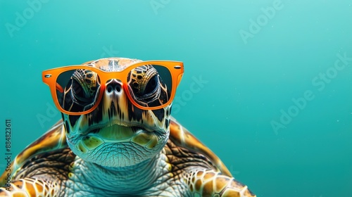 A turtle underwater wearing stylish orange sunglasses and posing for the camera.