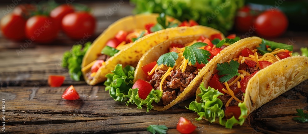 Delicious Tacos with Fresh Vegetables and Cheese on Rustic Wooden Table Delicious Tacos with Fresh Vegetables and Cheese on Rustic Wooden Table