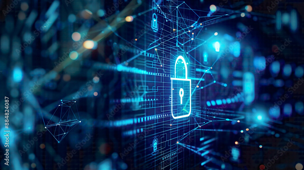 Future technology for business and internet projects cybersecurity and information protection lock symbol and network connections on a Future technology for business and internet projects cybersecurity and information protection lock symbol and network connections on a
