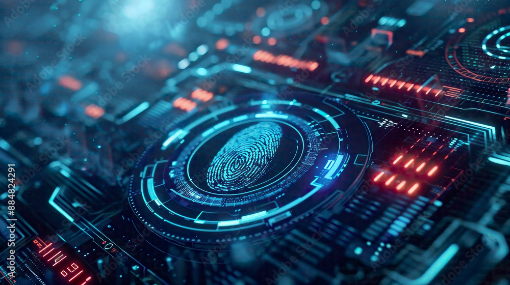Futuristic illustration showcasing digital processing of a biometric fingerprint scanner symbolizing advanced surveillance and security scanning of digital programs and fingerprint biometrics Futuristic illustration showcasing digital processing of a biometric fingerprint scanner symbolizing advanced surveillance and security scanning of digital programs and fingerprint biometrics