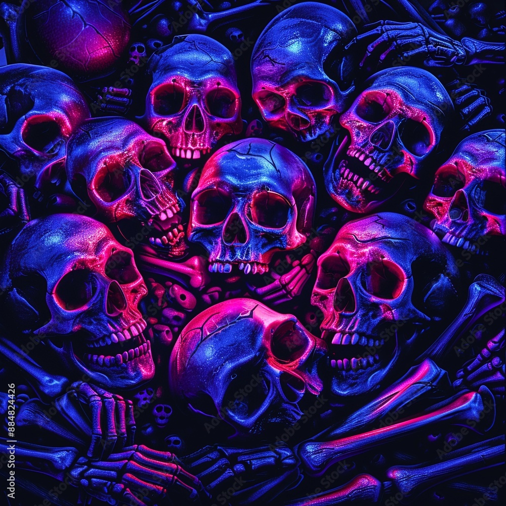 Bones arranged in a frightening celebration, spectral glow, dark ambiance, neon colors, digital painting, high contrast Bones arranged in a frightening celebration, spectral glow, dark ambiance, neon colors, digital painting, high contrast