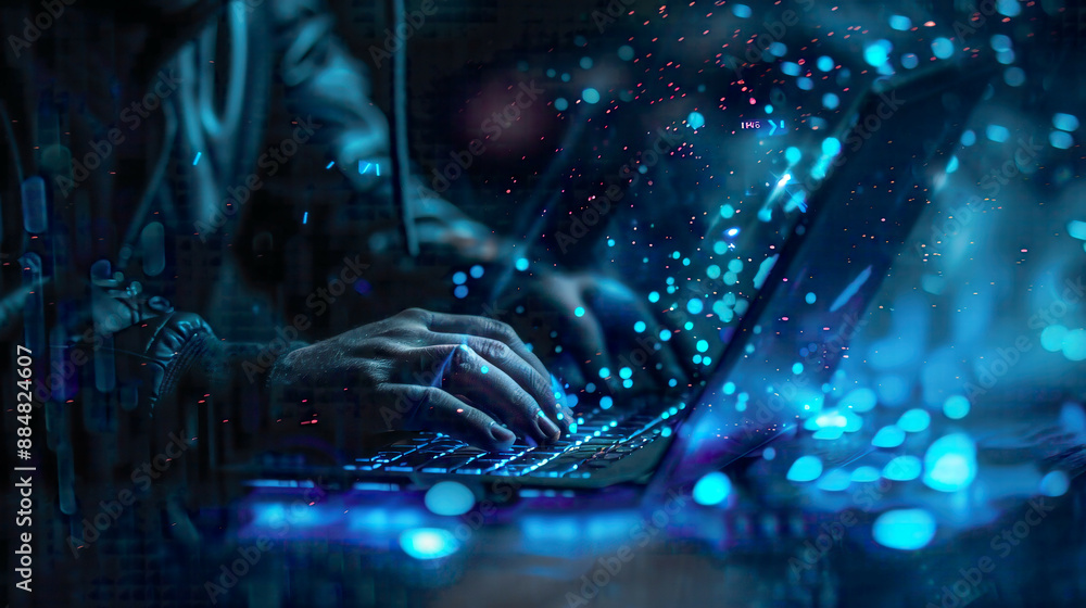 Hacker in data security concept using a laptop to perform a cyber attack dark and intense atmosphere with digital elements blue and black tones Hacker in data security concept using a laptop to perform a cyber attack dark and intense atmosphere with digital elements blue and black tones