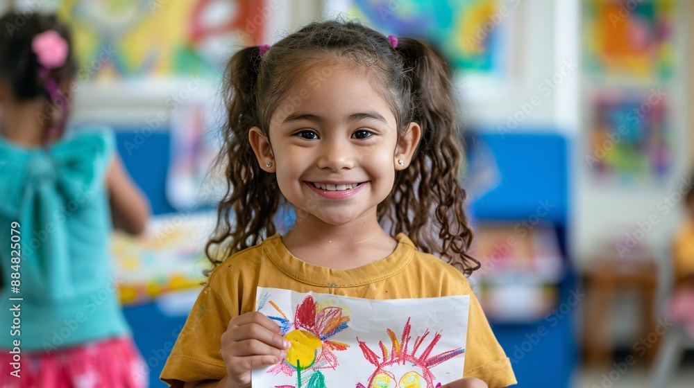 4. A little girl smiling proudly while holding up a drawing she made during an art class, with other children and artwork in the background 4. A little girl smiling proudly while holding up a drawing she made during an art class, with other children and artwork in the background