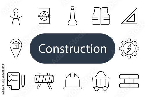 Construction set icon. Compass, blueprint, safety vest, ruler, pin, hard hat, wheelbarrow, bricks. Building and engineering concept.