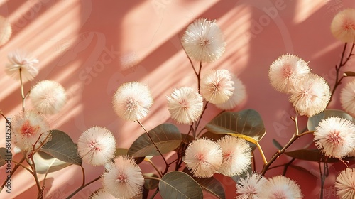   A pink wall with a close-up of flowers and leaves in the background