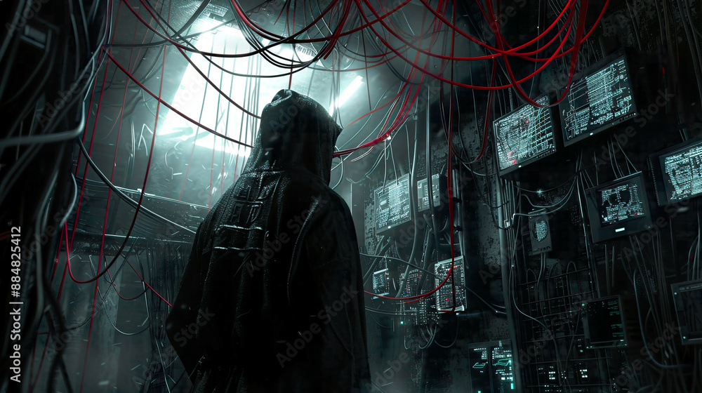 Hooded hacker seen from behind infiltrating corporate data servers from a dimly lit underground hideout numerous screens and tangled cables dark and secretive environment Hooded hacker seen from behind infiltrating corporate data servers from a dimly lit underground hideout numerous screens and tangled cables dark and secretive environment