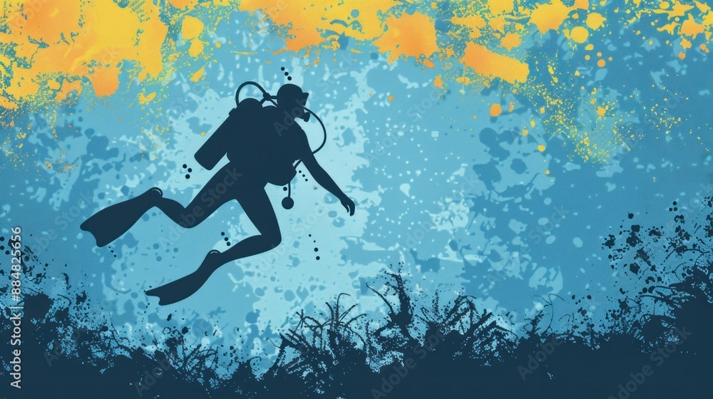 Silhouette of Scuba Diver in Blue and Yellow Ocean Silhouette of Scuba Diver in Blue and Yellow Ocean